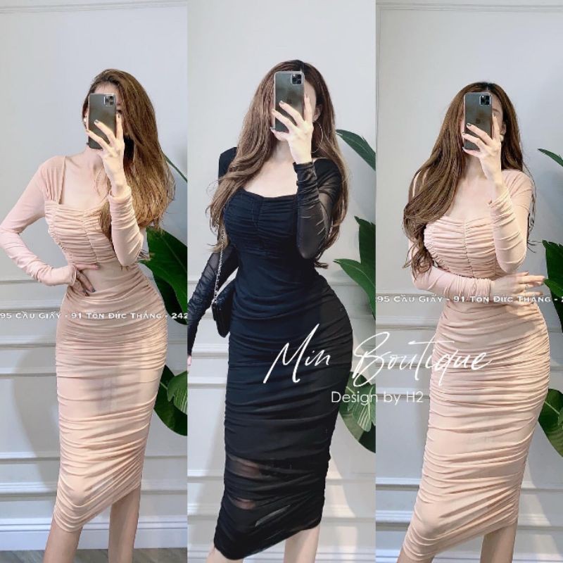 Đầm body dúm cổ vuông