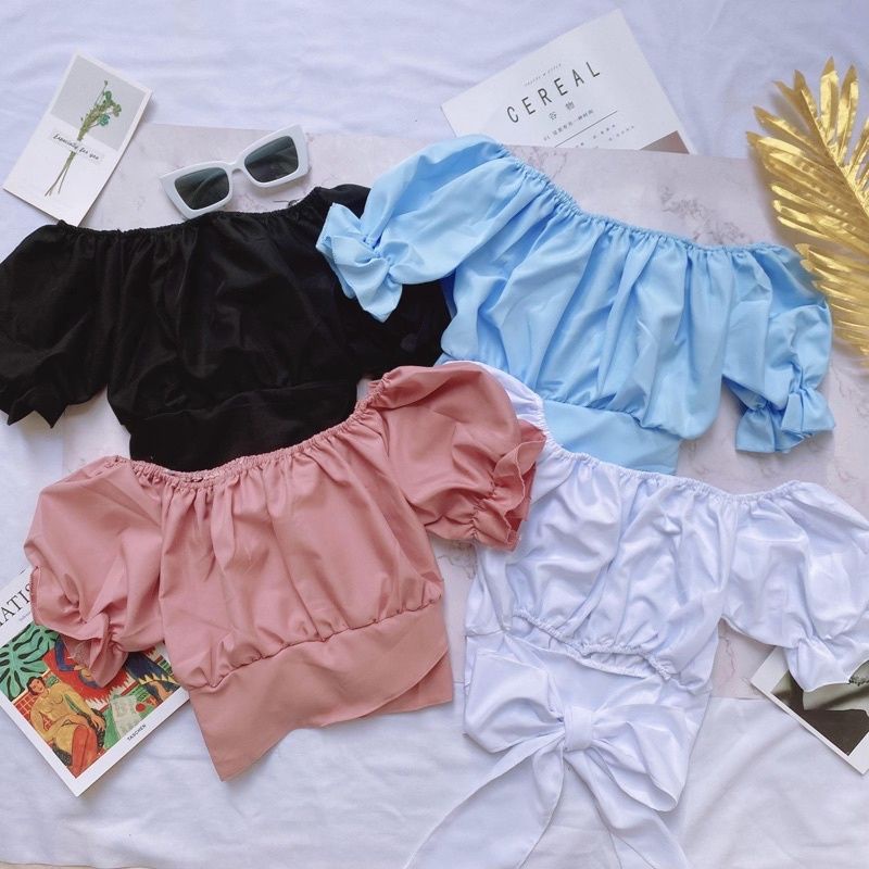 Áo Croptop Voan Ngắn Tay MIRA.CLOSET Bồng Bềnh Nhún Ngực Phối Nơ Lưng Siêu To A5170