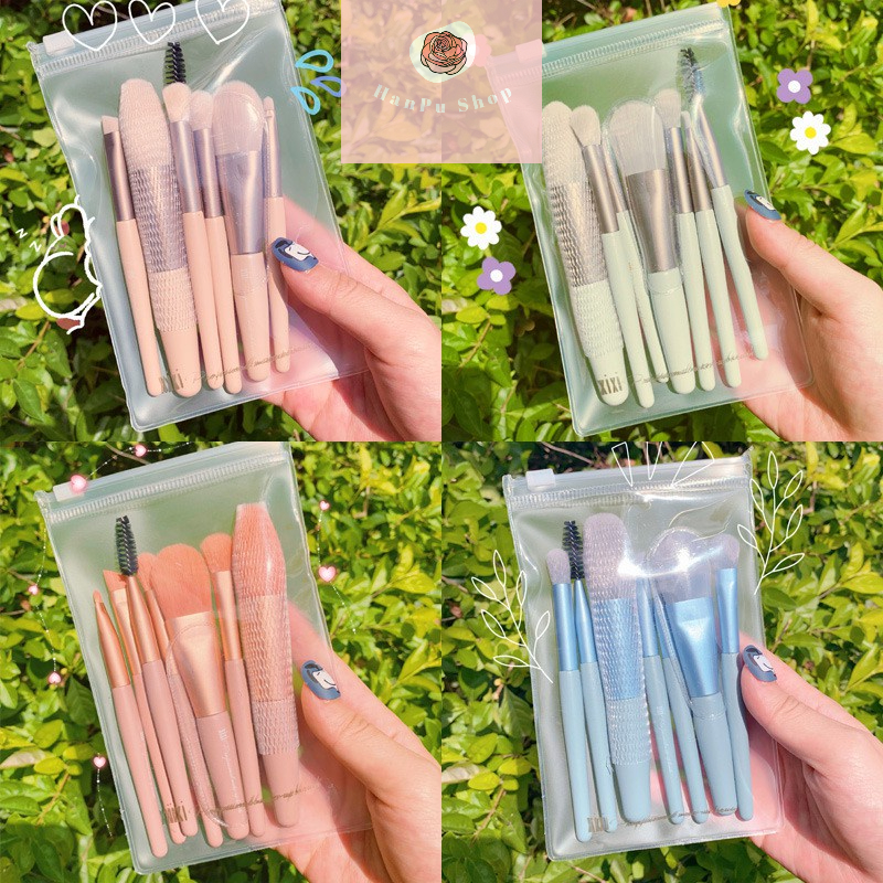 Full Bộ cọ 8 cây makeup lông mềm mịn tặng kèm túi Zip Vintage, Bộ cọ trang điểm cá nhân gốm 8 cây chính hãng