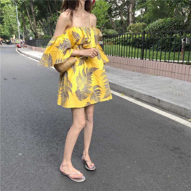 IELGY Đầm Hở Vai Cổ Lá Sen Phong Cách Hàn Quốc Ngọt Ngào Cho Nữ