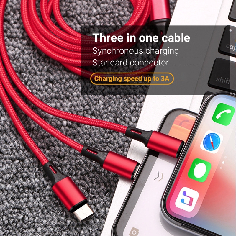 Cáp sạc chia cổng Lightning + type-C + Micro USB dây nylon bện bằng hợp kim nhôm