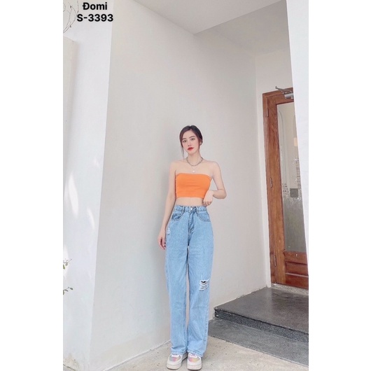 Quần Baggy Jean Nữ Trơn Rách Lưng Cao Ống Rộng Hàng VNXK Ms3393