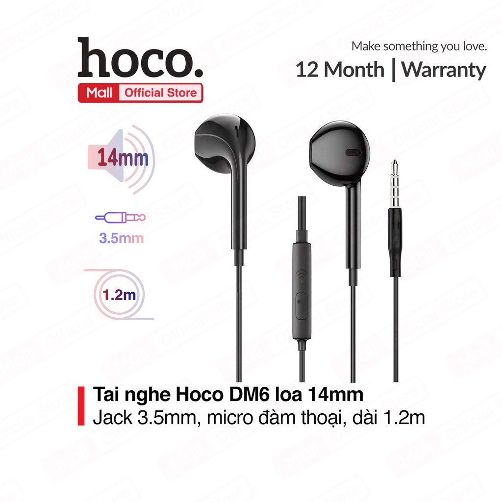 Tai nghe nhét tai Hoco DM6 jack 3.5mm, loa 14mm, micro đàm thoại, dây ABS + TPE tráng men, dài 120cm