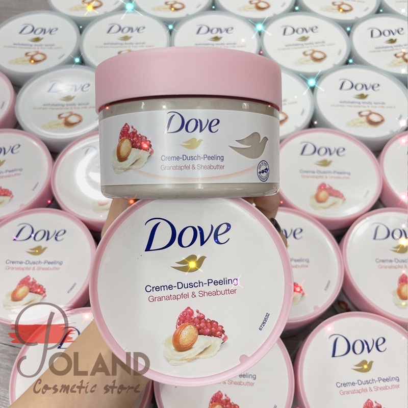 Tẩy tế bào chết Dove bản Đức lựu bơ và macca sữa gạo làm sạch da body, dưỡng trắng, cấp ẩm hũ 225gr