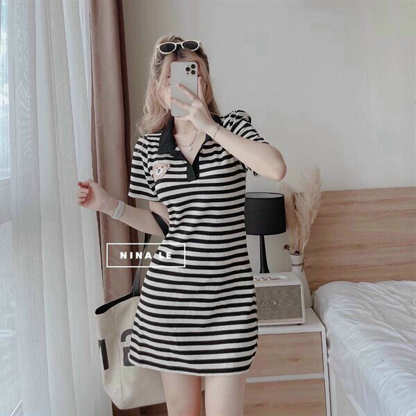 (Sale FreeShip) Đầm nữ from suông,đầm sọc cổ trụ thêu gấu dễ thương,chất thun gân mềm,diện đi đâu cũng xuất sắc