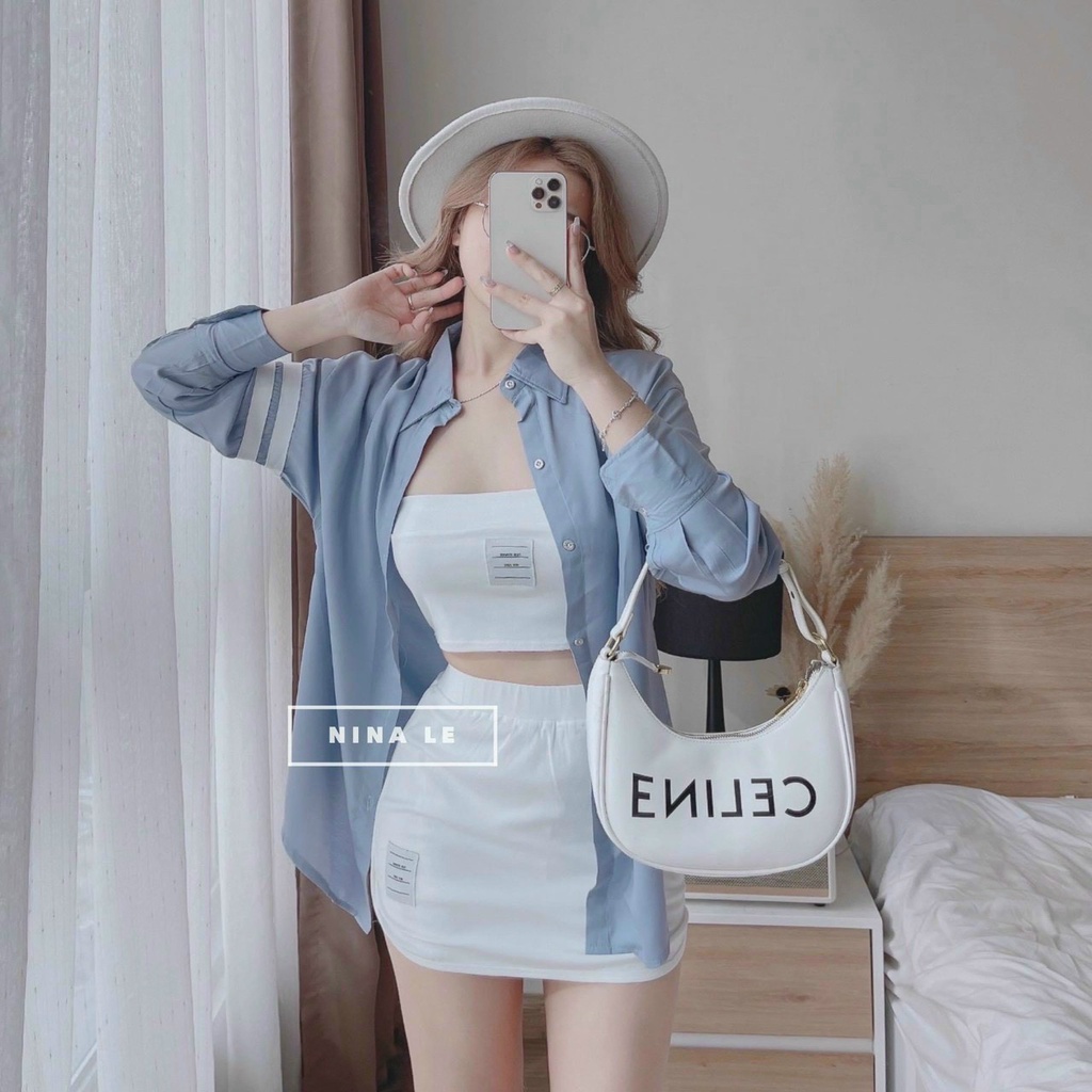 (Sale FreeShip) Sét nữ 3 món hottren,sét áo sơ mi lụa tay dài phối sọc`kèm áo thun borip mix chân váy ôm,hàng chuẩn shop