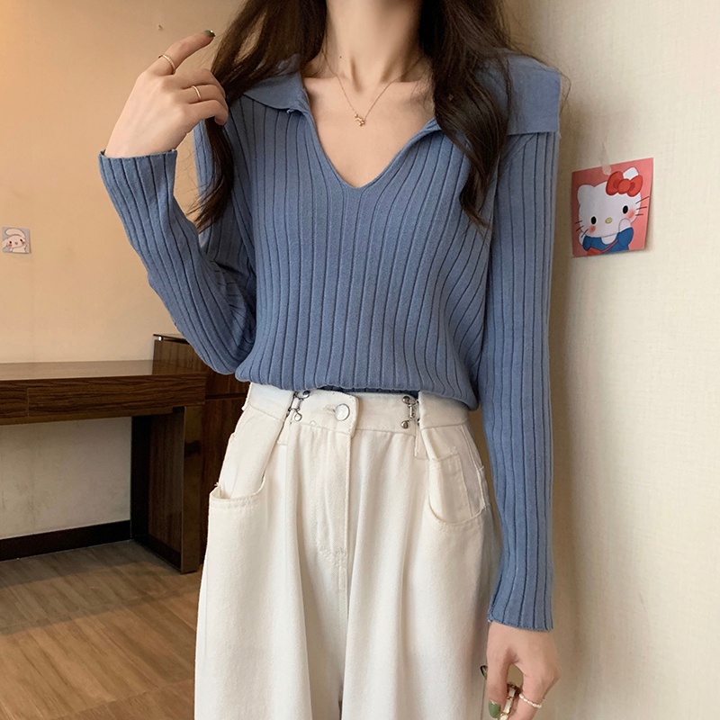 Áo kiểu ZHELIHANGFEI vải dệt kim tay dài cổ polo dáng ôm thời trang cá tính cho nữ