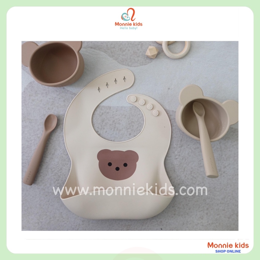 Yếm silicon ăn dặm hình gấu 6M+, yếm vòng cổ tiện lợi vệ sinh cho bé - Monnie Kids