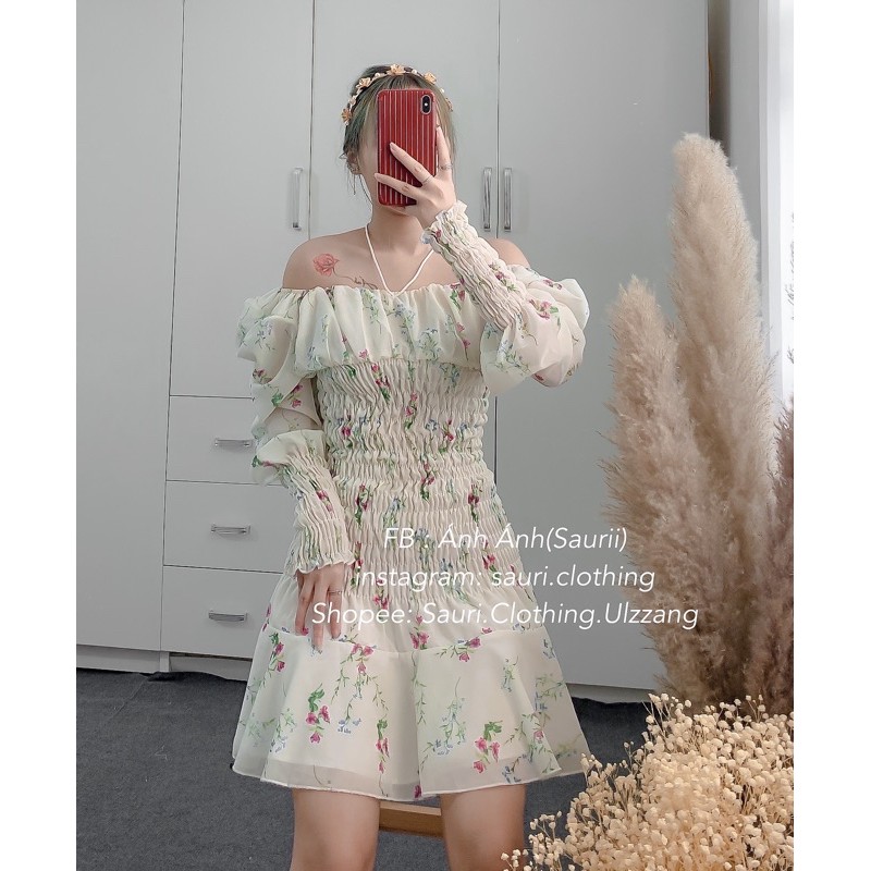 ORDERVáy bánh bèo ulzzang tiểu thư trễ vai chân xoè đuôi cá Đầm dự tiệc Hoạ Tiết hoa nhí-đầm ôm bo chun dạo phố