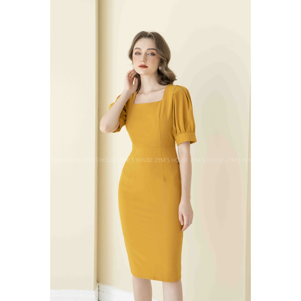 Váy body cổ vuông tay xếp ly xẻ sau Zym's House V1230
