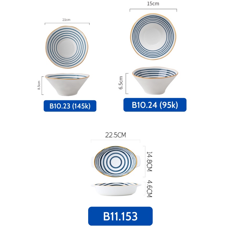 Bộ bát đĩa đẹp, bát đĩa cao cấp, bát ăn cơm, đĩa sứ trang trí phong cách Nhật Bản, hoạ tiết vòng tròn Alifis