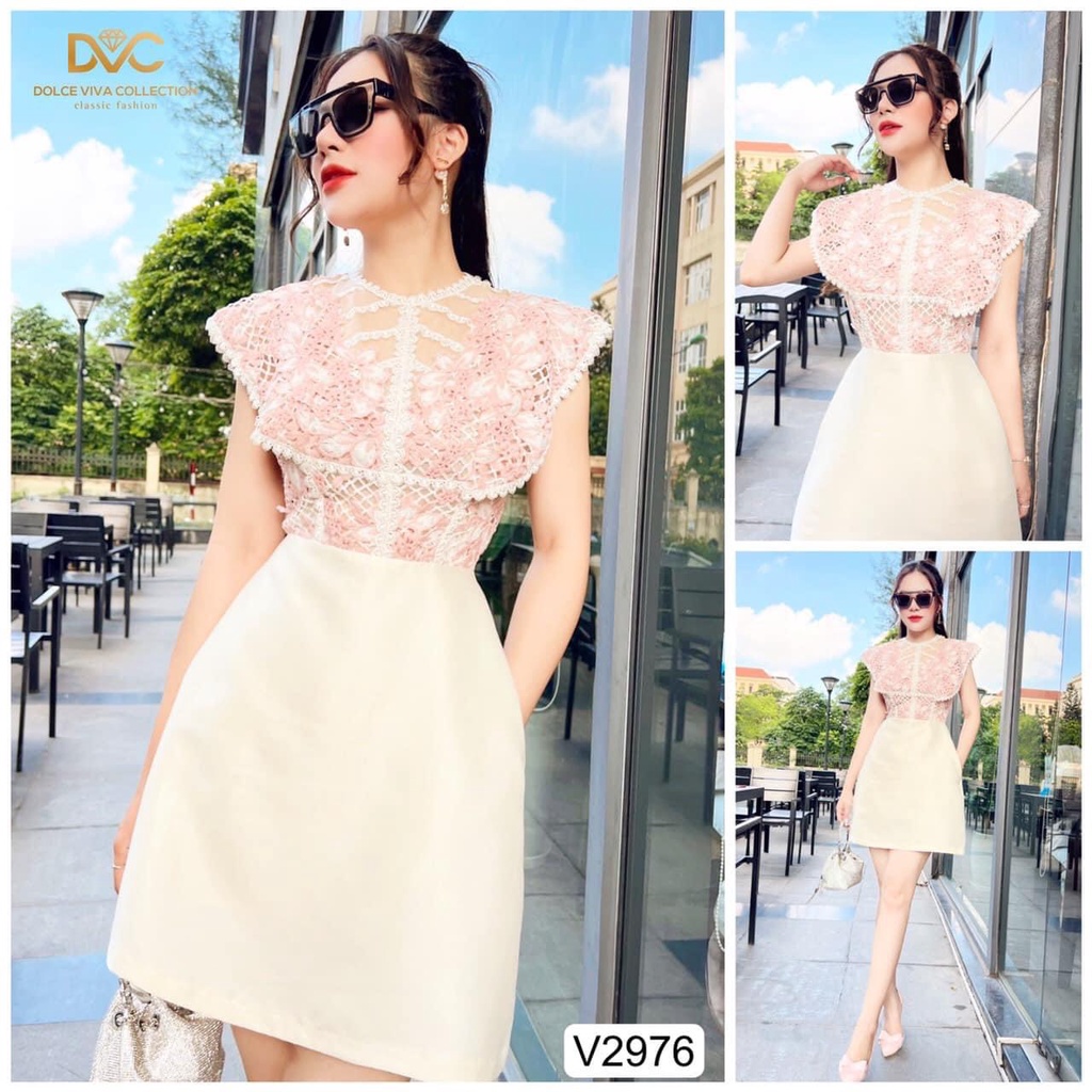 V2976 Váy tafta  kem phối ren hồng tiểu thư sang chảnh -  Dolce viva colection
