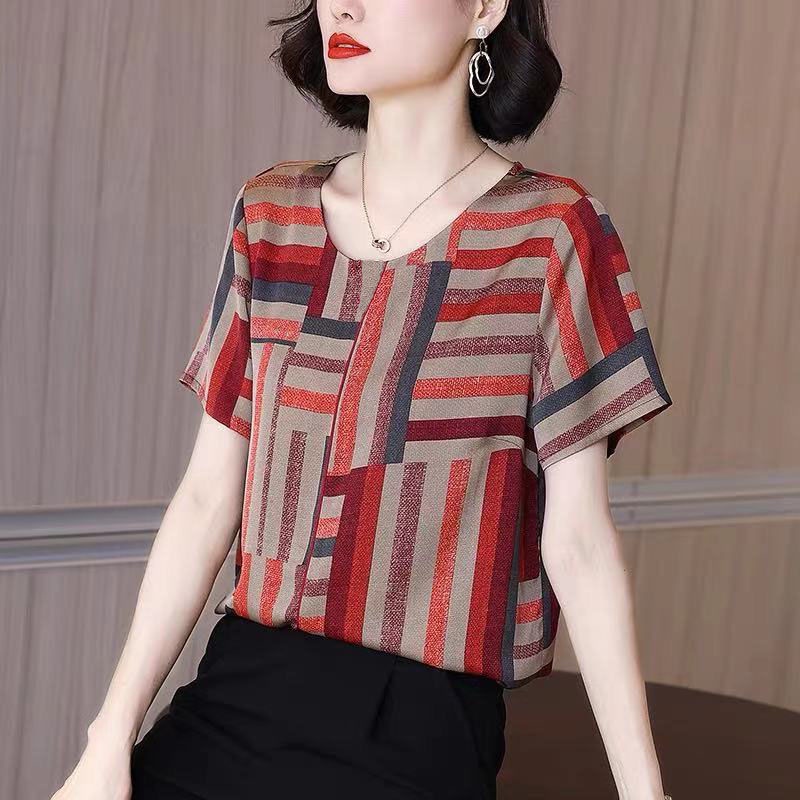 Áo thun tay ngắn họa tiết kẻ sọc thời trang cho phụ nữ trung niên