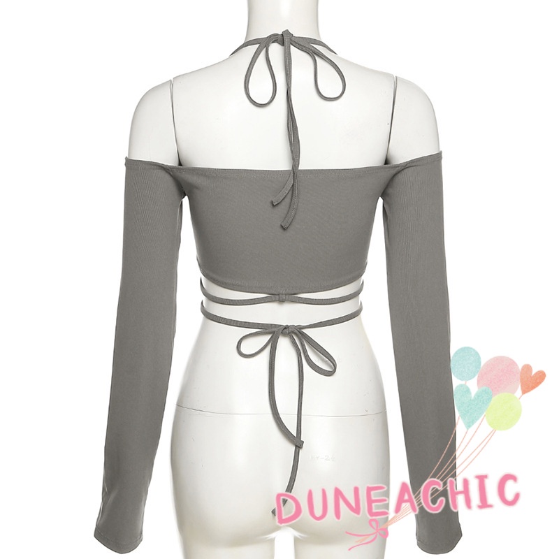 Áo Kiểu Tay Dài Trễ Vai Phối Dây Thắt Xinh Xắn Cho Nữ