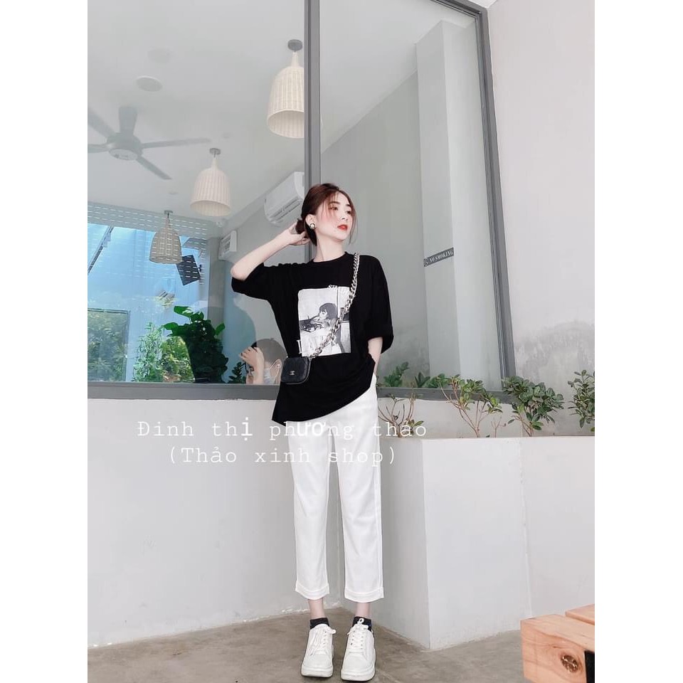 [ Mã FAMAYWA2 giảm 10K đơn 50K] 💃 Bộ Quần Kaki Trắng Kèm Áo Phông Đen In Hình Cô Gái | BigBuy360 - bigbuy360.vn