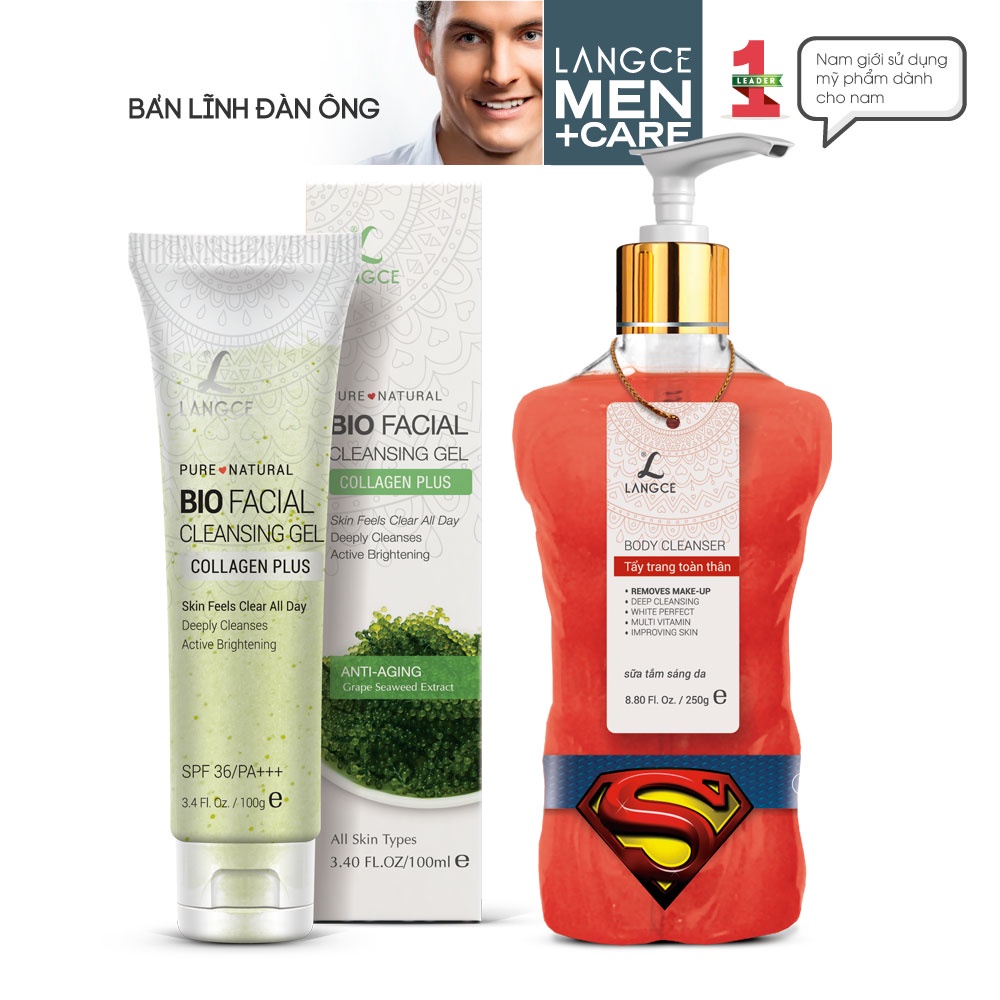 Bộ Gel Tắm Tẩy Trang Toàn Thân Sáng Da 250g + Gel Rửa Mặt Collagen+ Rong Nho Biển 100ml BS LANGCE dành cho Nam