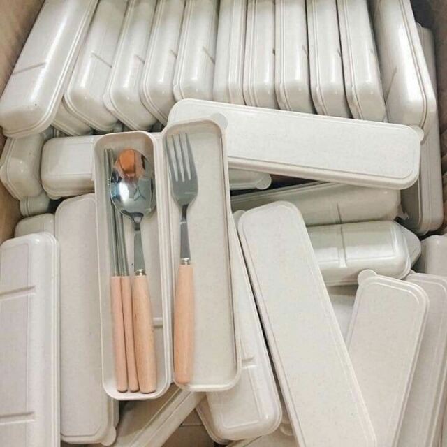 [Dụng cụ ăn uống] Bộ 3 món thìa nĩa đũa kèm hộp đựng lúa mạch