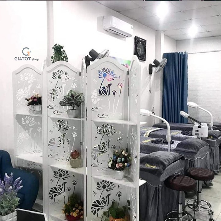 Bình phong, vách ngăn có kệ trang trí họa tiết hoa sen bé GTS320 bằng gỗ CNC chống mối,mọt / TẤM