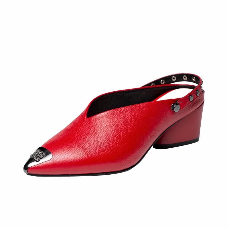 ₪ↂ♗2021 new pointed toe half slippers for women s summer outer wear with mid-heel and half-supporting red leather sandals and slippers