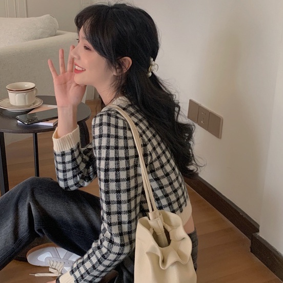 Porozi  Áo khoác cardigan dệt kim tay dài họa tiết sọc caro phong cách Hàn quốc thời trang