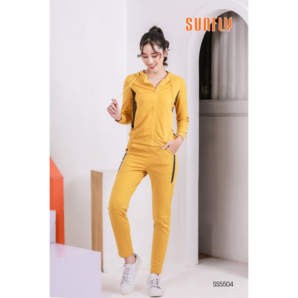 SS5504 Bộ mặc nhà nữ dáng thể thao SUNFLY chất umi kéo khóa có mũ | BigBuy360 - bigbuy360.vn