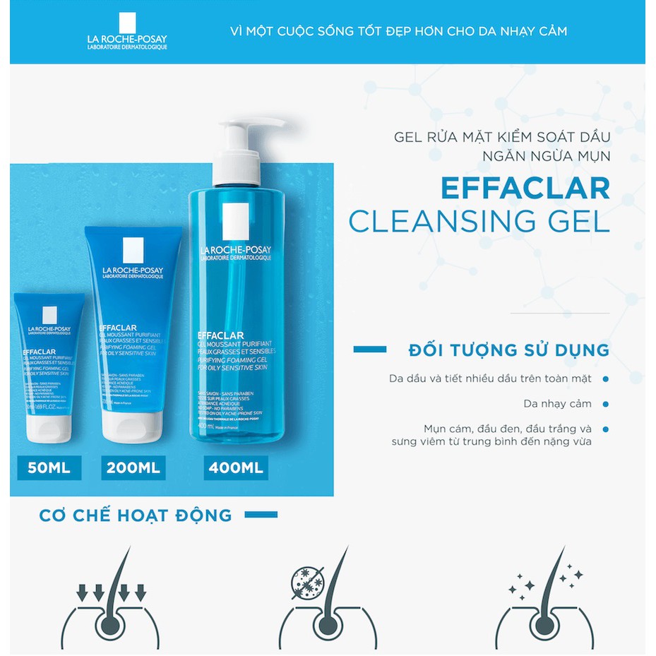 Gel Rửa Mặt Tạo Bọt Cho Da Dầu & Da Nhạy Cảm La Roche-Posay Effaclar Purifying Foaming Gel