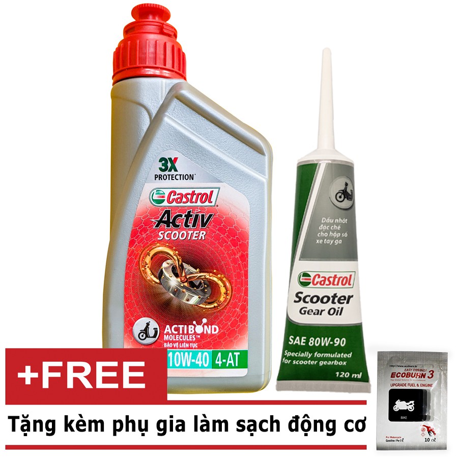 COMBO Nhớt Tay Ga CASTROL ACTIV SCOOTER 10W40 0.8 L+ Nhớt Lap Castrol 120Ml-Tặng 1 Gói phụ gia sạch động cơ