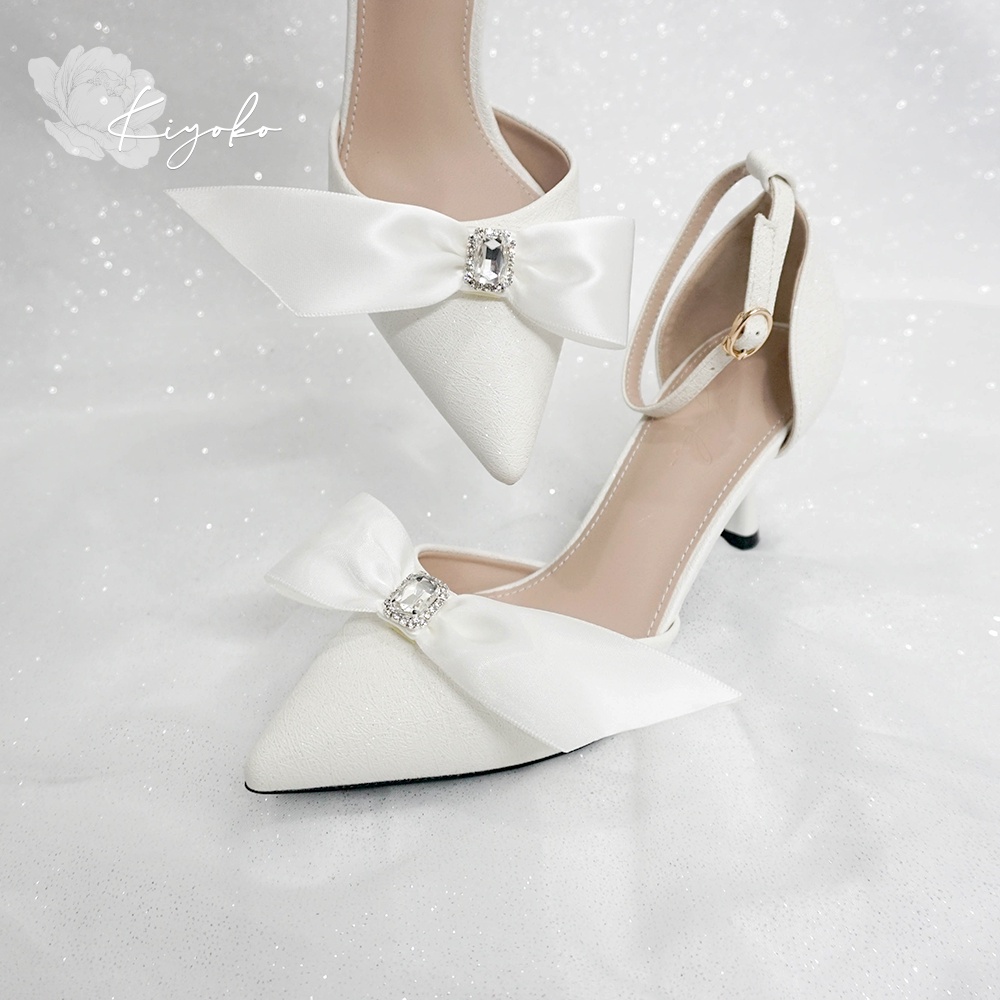 Giày cưới Kiyoko đính nơ satin cách điệu cao 7cm có quai