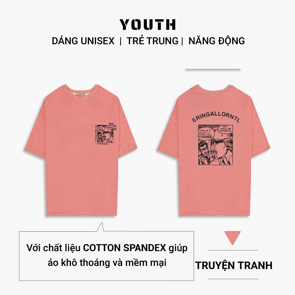 Áo thun nam nữ unisex YOUTH form rộng cổ tròn tay lỡ vải Cotton xịn FreeSize(38-65Kg) - Hồng Truyện Tranh - AP35