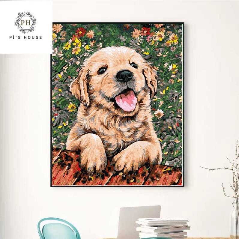TRANH TÔ MÀU THEO SỐ " CÚN CON" SIZE 40*50CM
