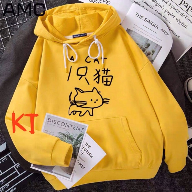 Áo hoodie nỉ mũ túi bụng in mèo cat chữ Nhật