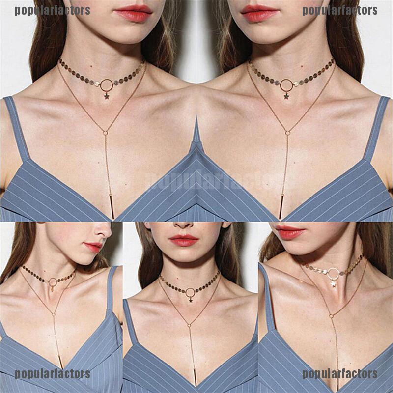 Dây chuyền hai lớp Choker đính mặt tròn và dây dài thanh lịch cho nữ