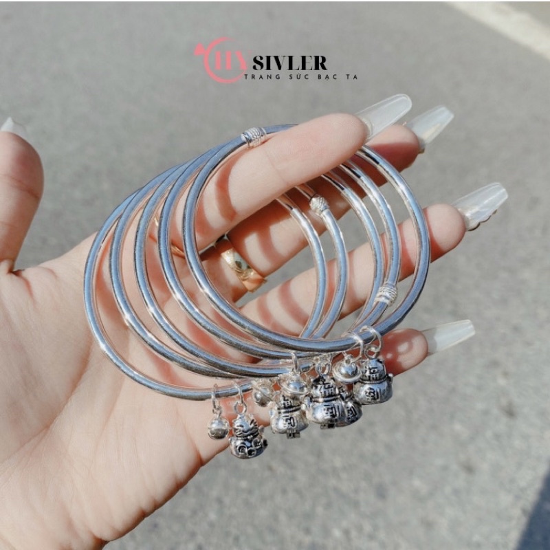 Kiềng tay bạc ta charm mèo thần tài mix chuông dễ thương kiềng tay lắc tay bạc nữ dày dặn