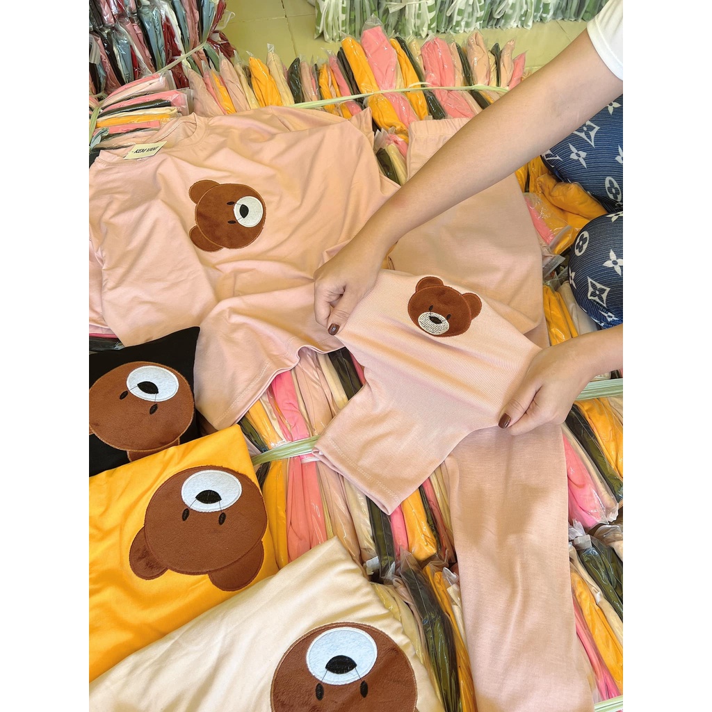 Đồ bộ nữ, set đồ bộ quần legging đai cao gân tâm siêu dày và áo thun cotton THÊU GẤU tay ngắn form rộng freesize