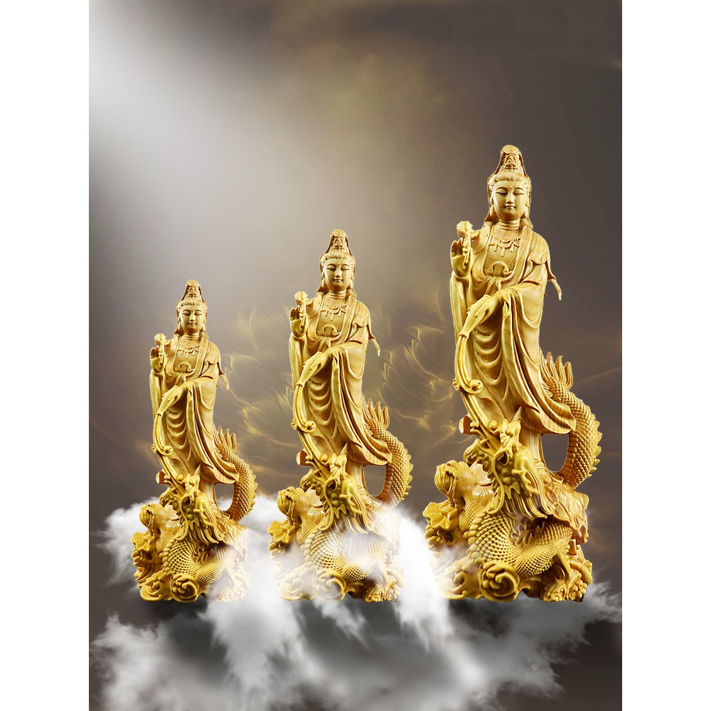 Tượng Phật Quan Âm Ngự Long Qúa Hải bằng gỗ Hoàng Dương MSPC170 (cao 17 cm)