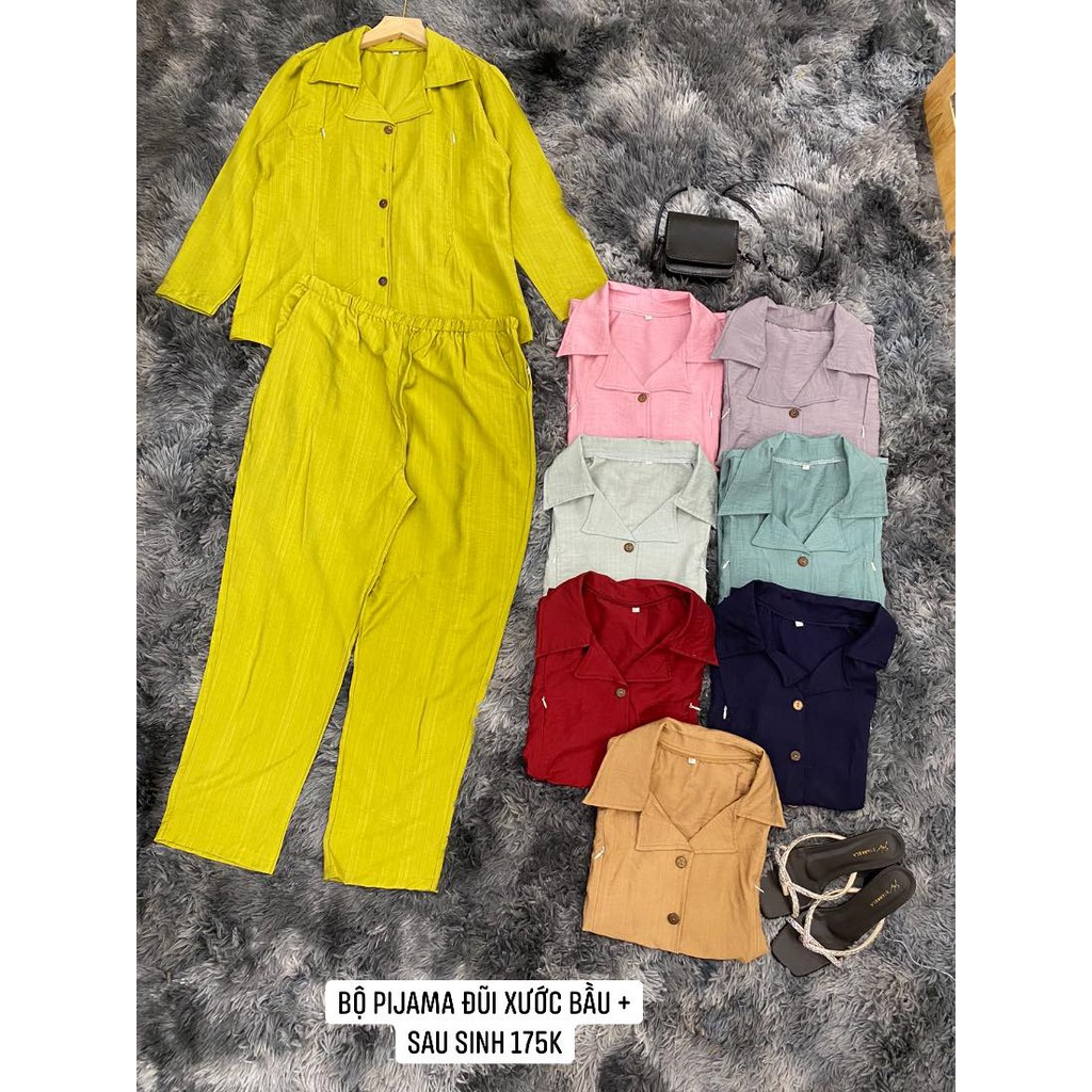 Bộ Pijama bầu sau sinh 2in1 vải thô đũi xước áo mở khóa ngực, quần chỉnh chun to nhỏ
