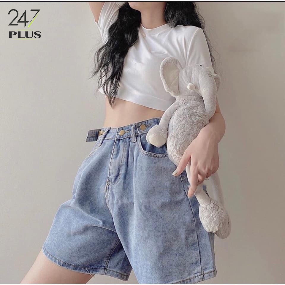 Quần short jean cạp cao có cúc điều chỉnh eo, quần đùi bò chất mềm mịn