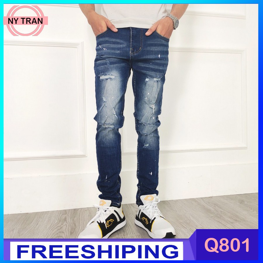 Quần Jean Nam Q801 Rách Vẫy Sơn Màu Xanh Biển Siêu Đẹp - Quần Bò NyTran Thun Co Giãn Phong Cách Trẻ Trung Cá Tính