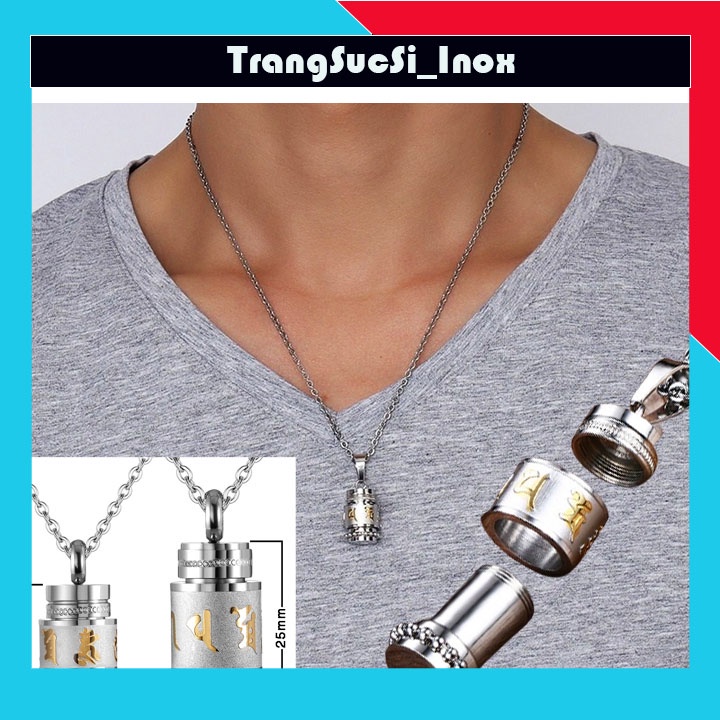 Sỉ DÂY CHUYỀN TITAN UM MANI PADME HUM HÌNH TRỤ bằng inox không đen, không gỉ - Đem lại bình an, may mắn cho người đeo