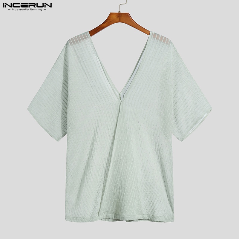 Áo thun INCERUN tay ngắn cổ chữ V in kẻ sọc phong cách mùa hè cho nam