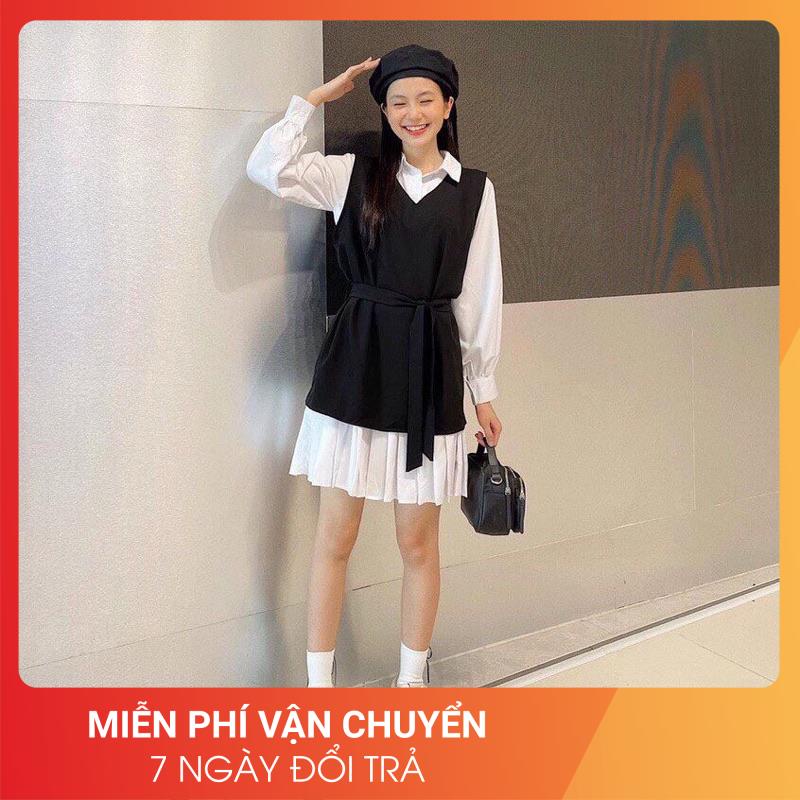 [Video/Ảnh thật] Set bộ váy vintage sơ mi 2 món 24APRIL 🌸 Sơ mi váy chất lụa hàn kèm đai 🌸Bộ đồ nữ váy vintage 🌸 | BigBuy360 - bigbuy360.vn