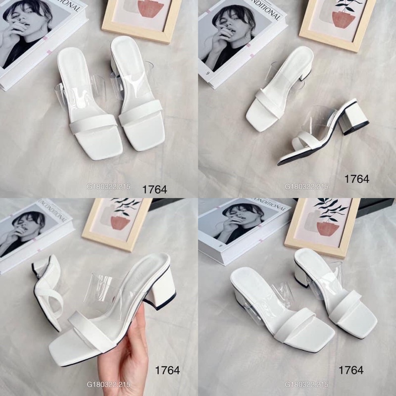 Guốc mũi vuông quai bản da lì phối quai trong gót vuông 6cm