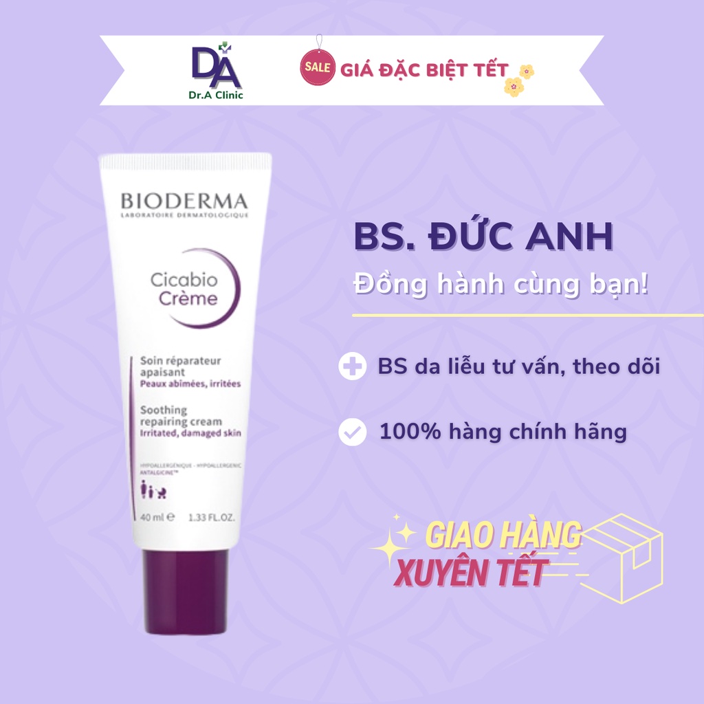 Kem Dưỡng Ẩm Phục Hồi Da Bioderma Tím Cicabio Cream 40ml cho da khô và da nhạy cảm cực lành tính - Dr.A Clinic