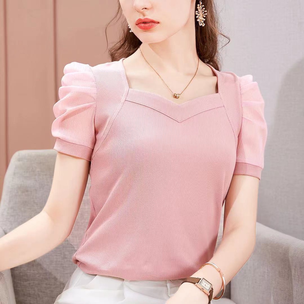 Áo Thun Tay Ngắn Phồng Bằng Lụa Mát Phong Cách Pháp Thời Trang Mùa Hè Hàng Mới Dành Cho Bạn Nữ