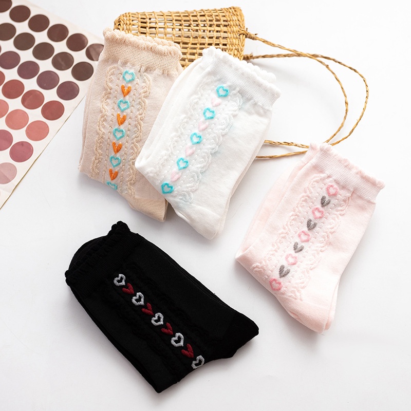 Tất Vớ Họa Tiết Ren In Nổi Hình Trái Tim Nhiều Màu, Phong Cách Hàn Quốc - Subo Shop