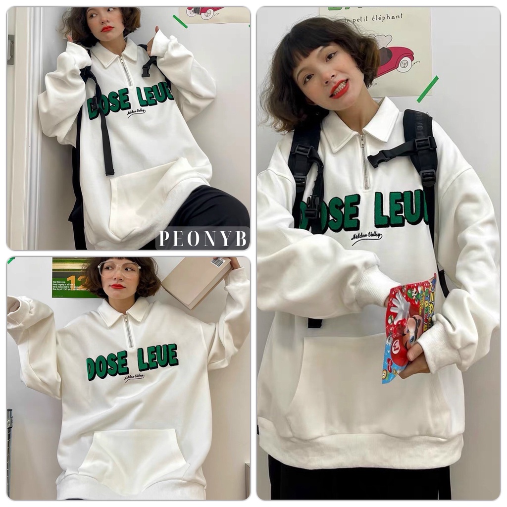 Áo Polo Dài Tay Dose PEONYB Unisex [FREESHIP] Nỉ ngoại form rộng in chữ xanh vintage cá tính đường phố hàn quốc đẹp