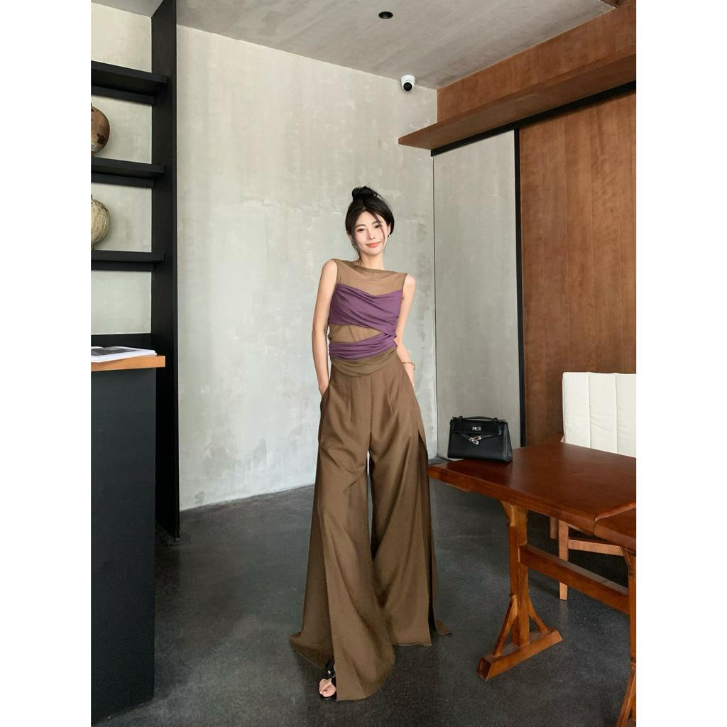 Bộ Áo Lưới Chắp Vá Với Quần Dài Dáng Rộng Xẻ Tà Và Giảm Béo (Đặt Hàng Riêng Lẻ)