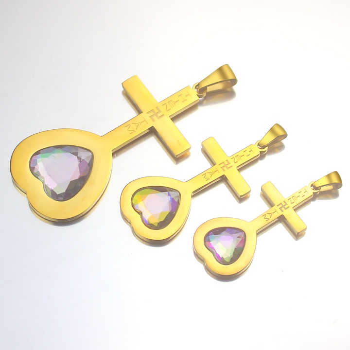 Mặt dây chuyền Thiên Tâm trái tim thánh giá đính pha lê dấu Thiên Tâm titan 2 màu vàng bạc chính hãng T&TJewelry