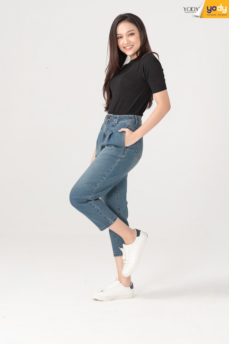 Quần Jean baggy nữ YODY cạp cao ống lửng chất bò co giãn tốt QJN3076