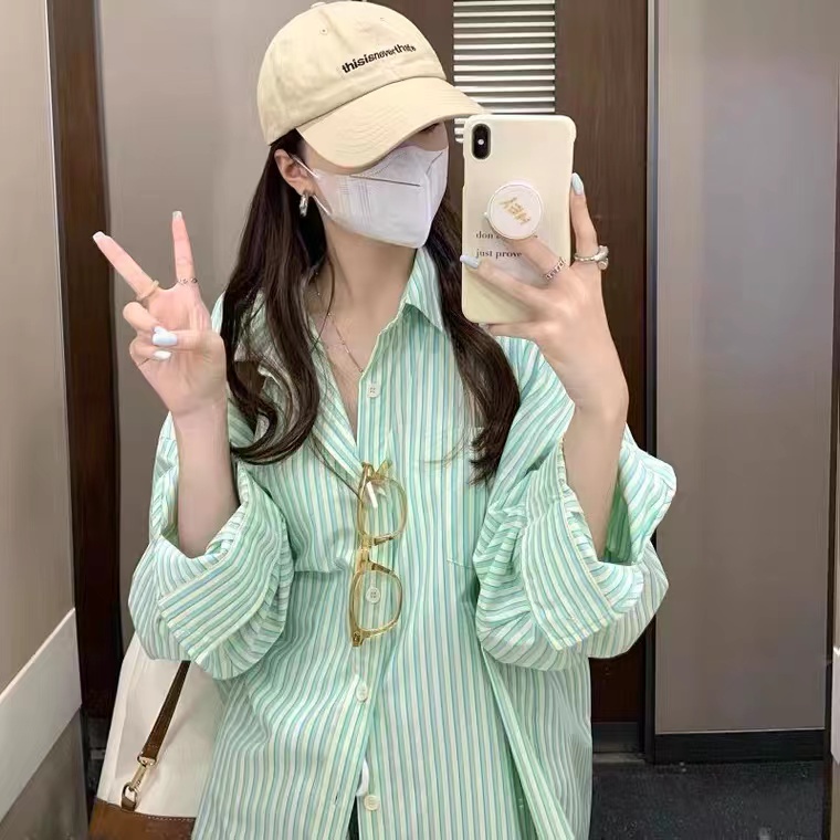 Áo sơ mi SUXI tay dài kẻ sọc dáng rộng thời trang Hàn Quốc cho nữ